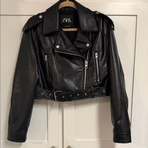 ZARA Black Cropped Leather Moto Jacket with Epaulettes